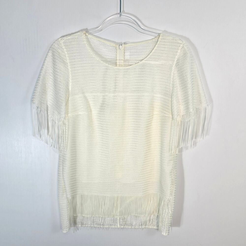 Akris Punto White Fringe Trim Blouse Hi Low Size 6 Semi Sheer Textured Evening